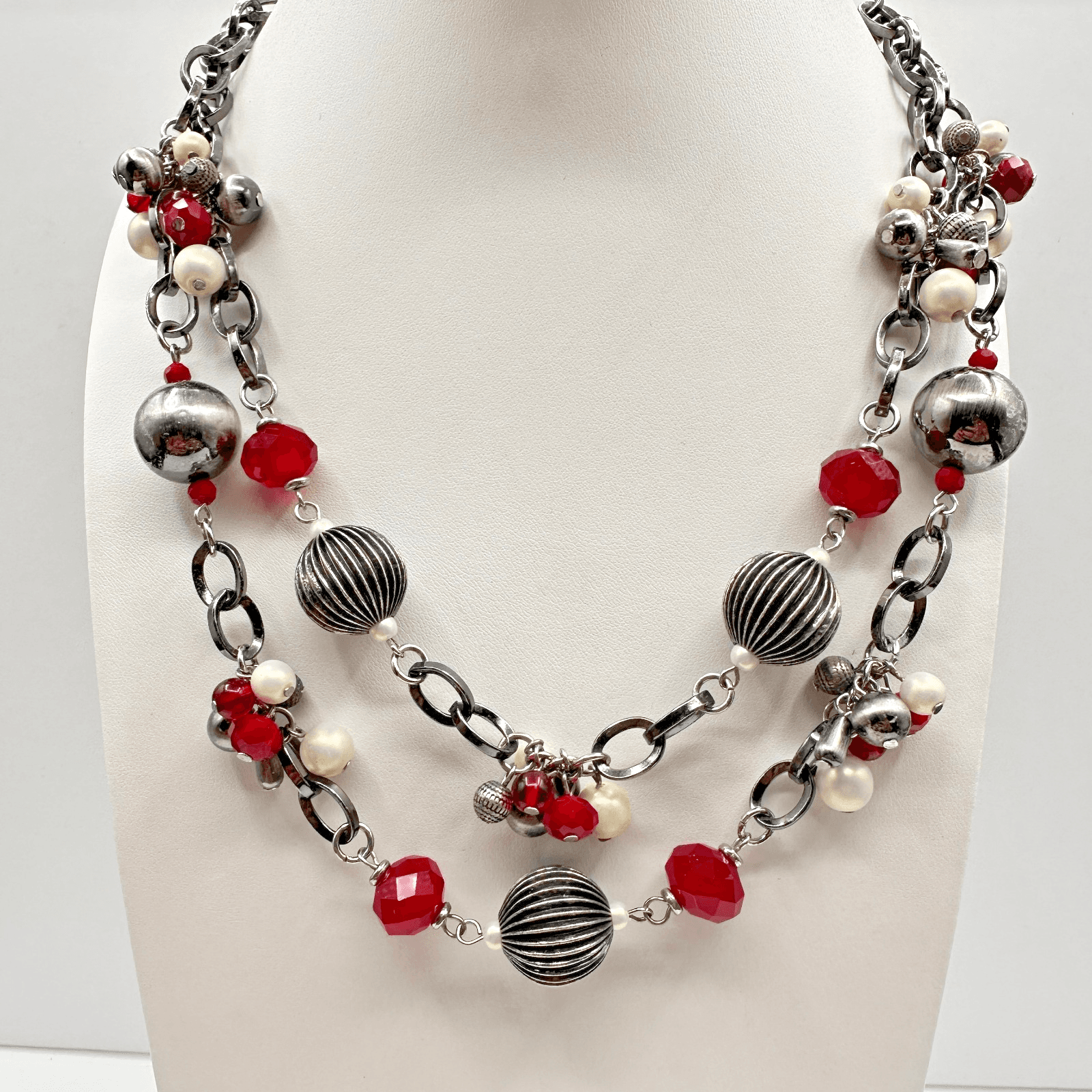 Vintage 90s Multi Stand Chunky Necklace Red Crystal White Pearl Silver Tone - Image 1