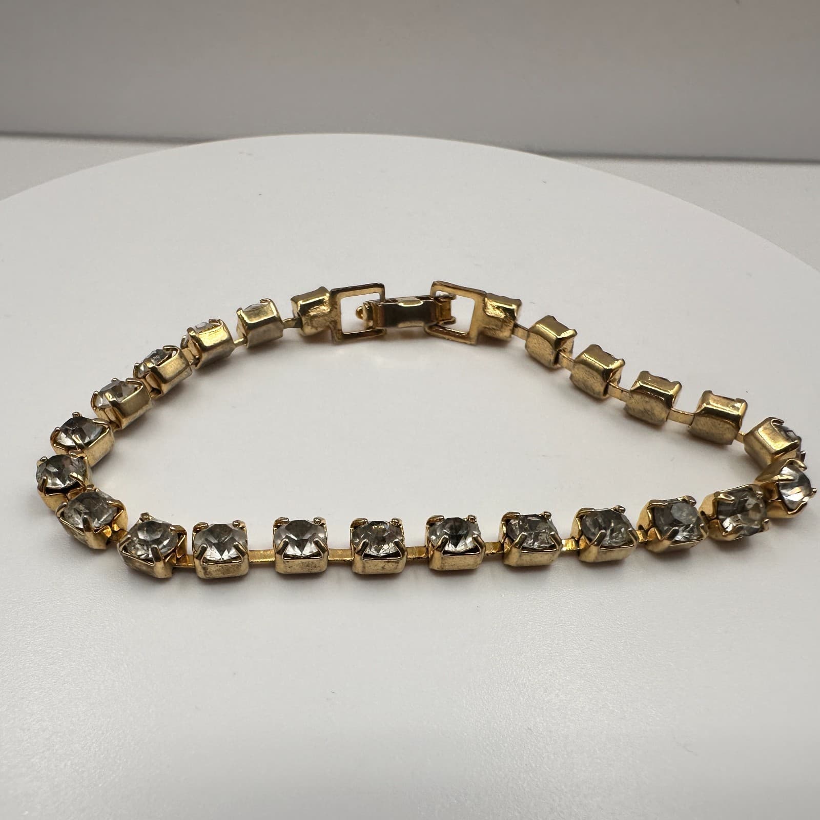 Vintage 80s Gold Tone Square Rhinestone Link Tennis Bracelet Classic Jewelry - Image 1