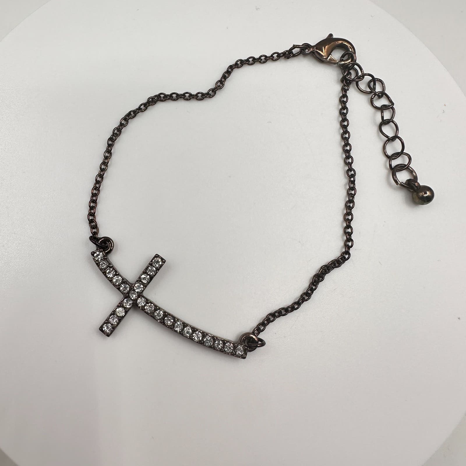 Vintage 80s Gunmetal Sideways Cross Bracelet Rhinestone Fashion Jewelry - Image 1