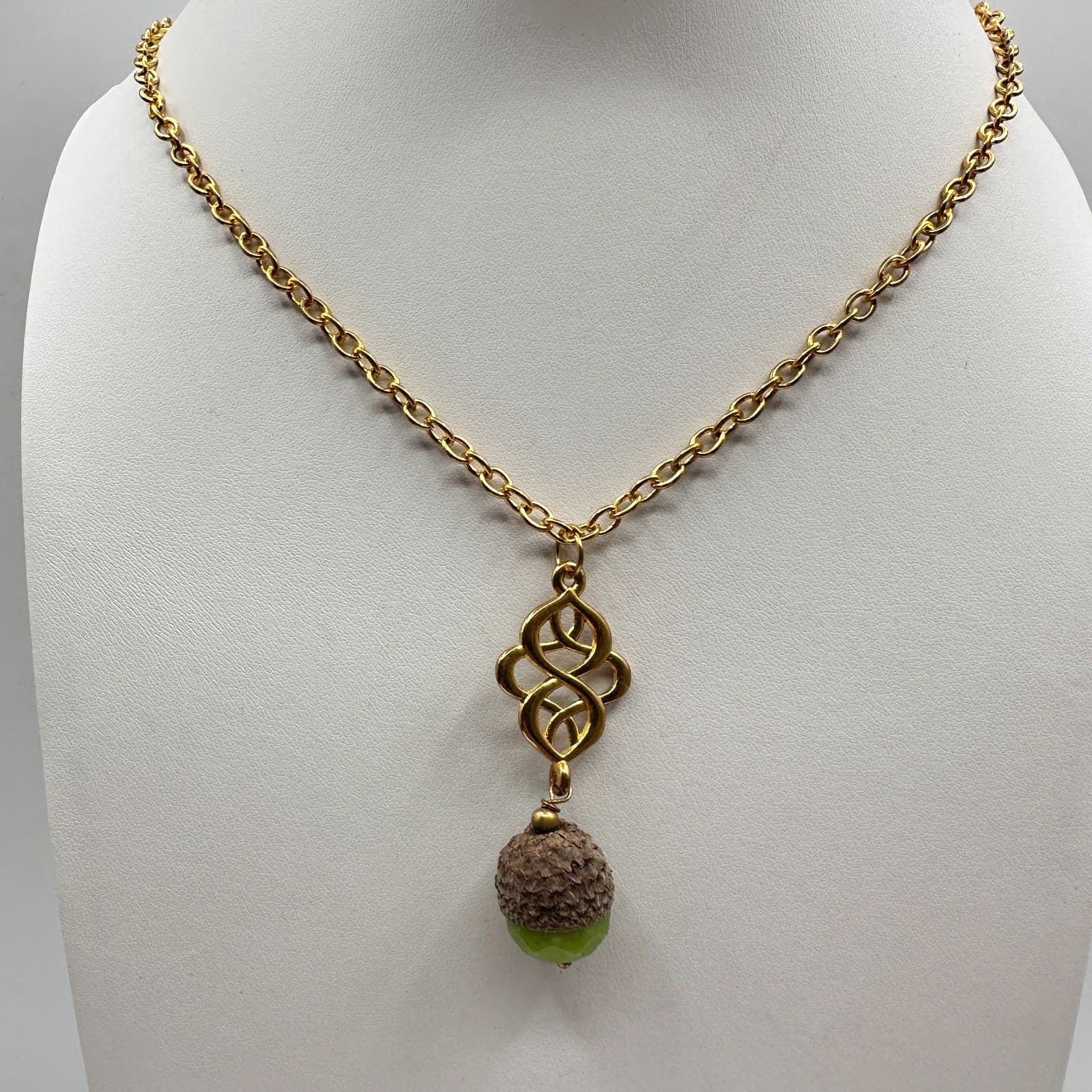 Vintage 90s Acorn Pendant Necklace Gold Tone Celtic Knot Green Beaded Nature - Image 1