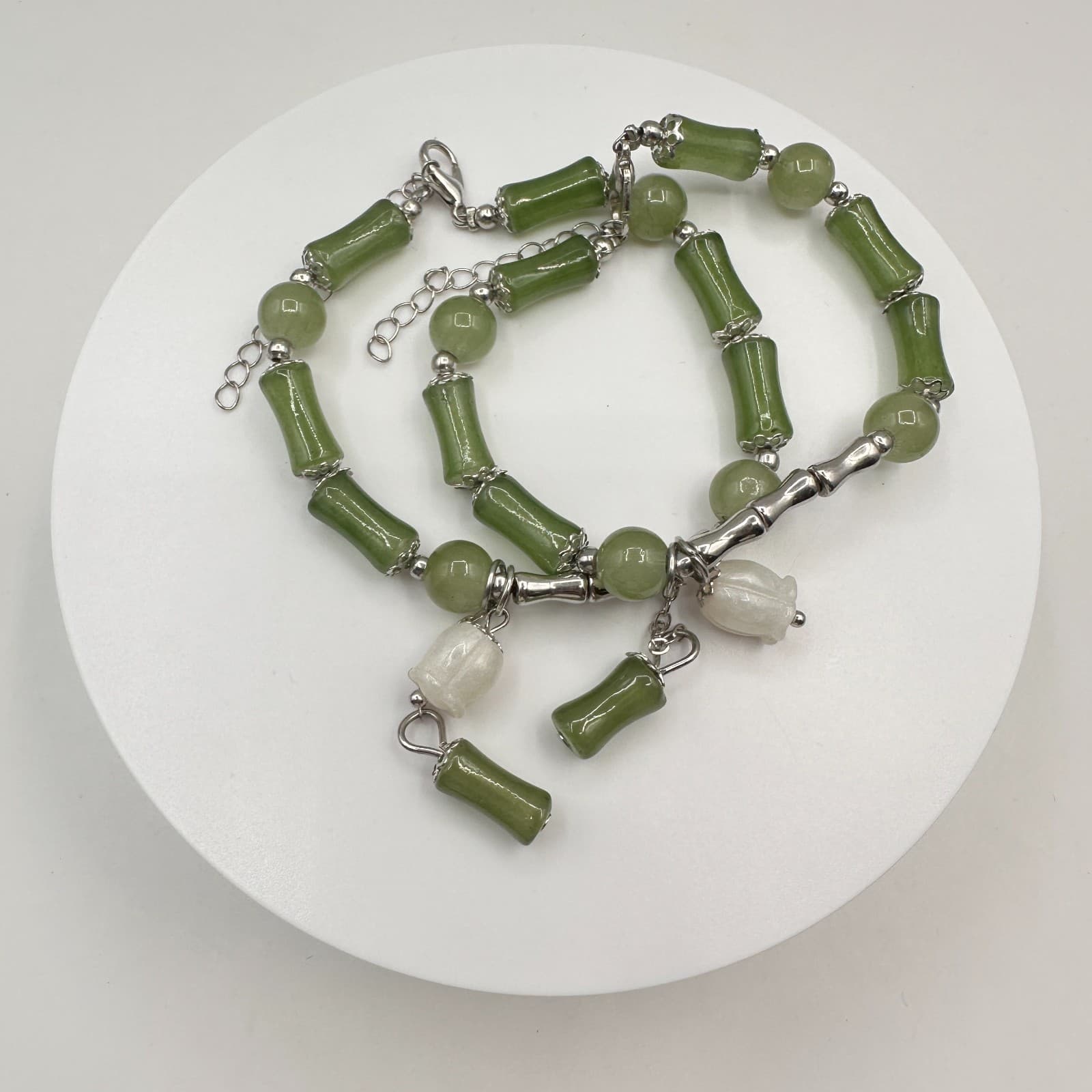 Vintage 80s Green Jade Bamboo Bracelet Chinese Style Charm Lily Valley Jewelry - Image 1