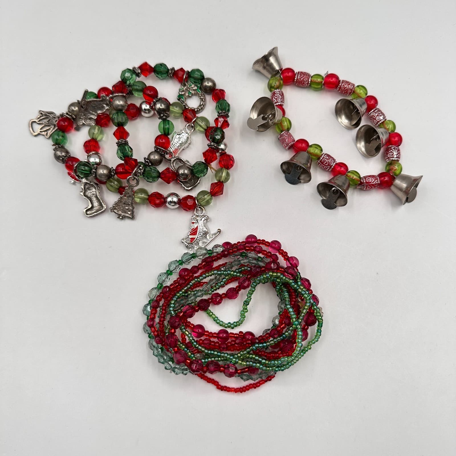 Vintage 80s Christmas Multicoloured Jingle Beaded Bracelet Sets Necklace Jewelry - Image 1
