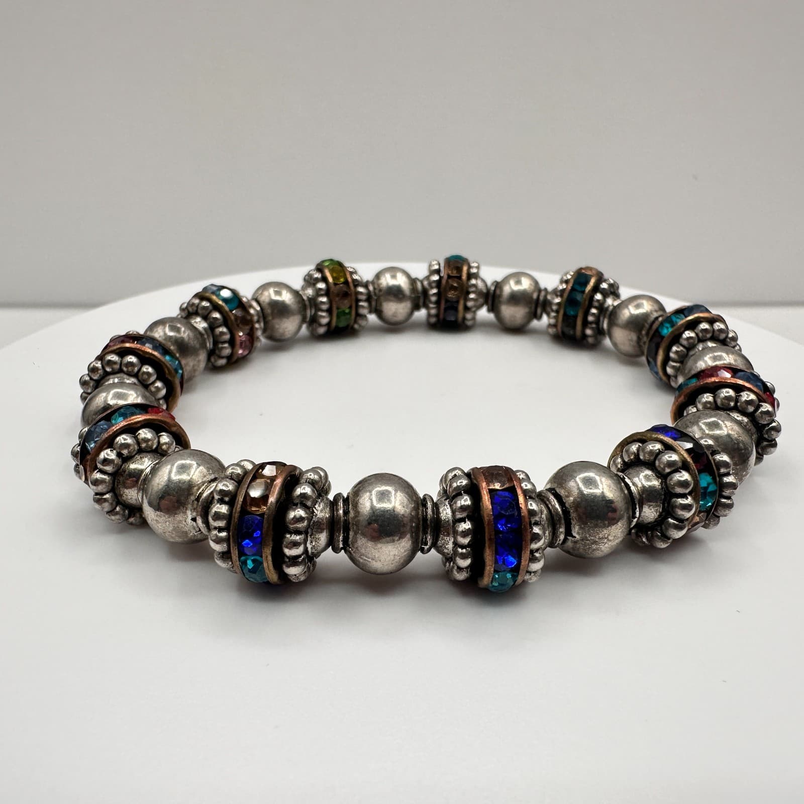 Vintage 90s Silver Tone Multi-Color Glass Beaded Stretch Bracelet Boho Jewelry - Image 1