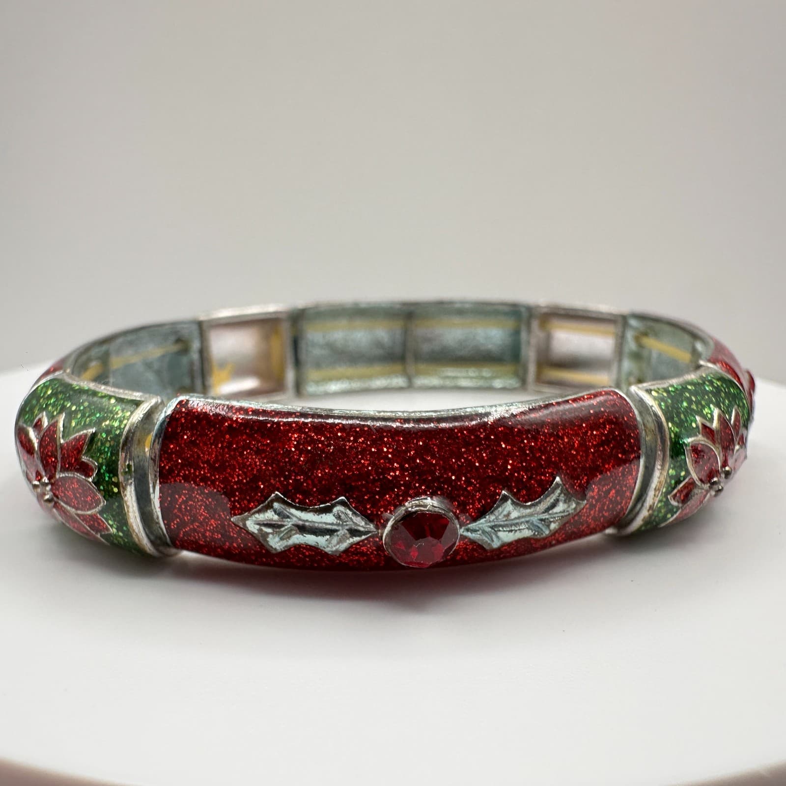 Vintage 90s Christmas Poinsettia Stretch Bracelet Red Green Glitter Enamel - Image 1