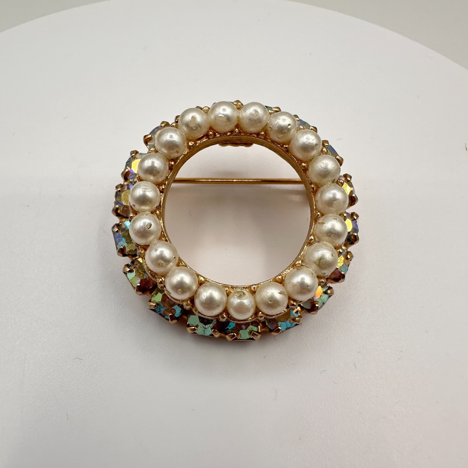 Vintage 60s Gold Tone Wreath Brooch Pin Faux Pearl Aurora Borealis Rhinestone - Image 1