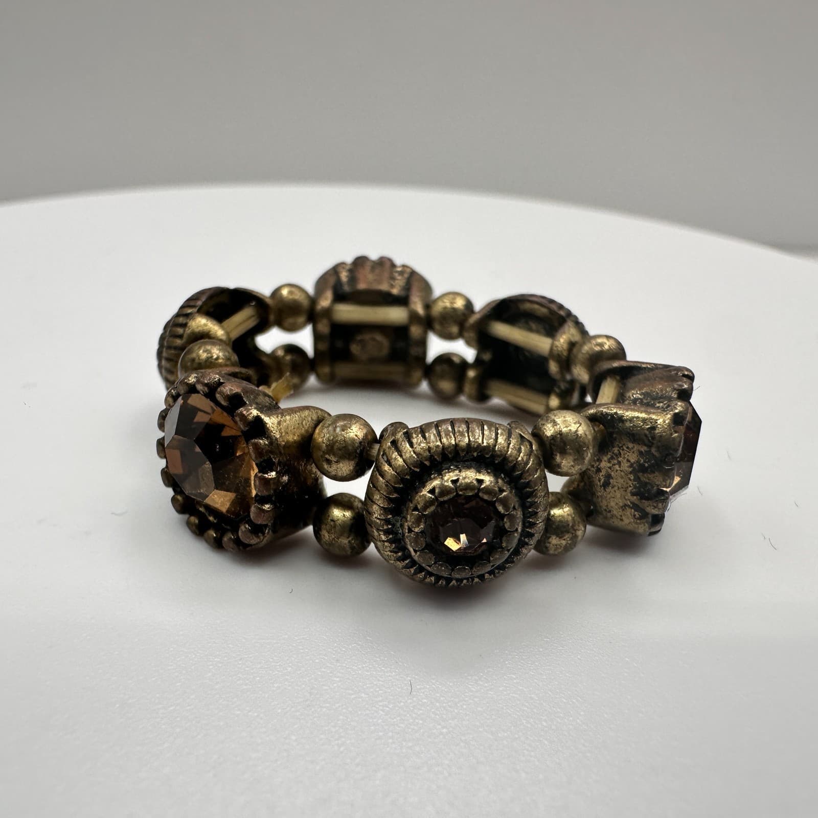 Vintage 90s Smoky Brown Glass Gold Tone Band Stretch Ring Statement Jewelry - Image 1