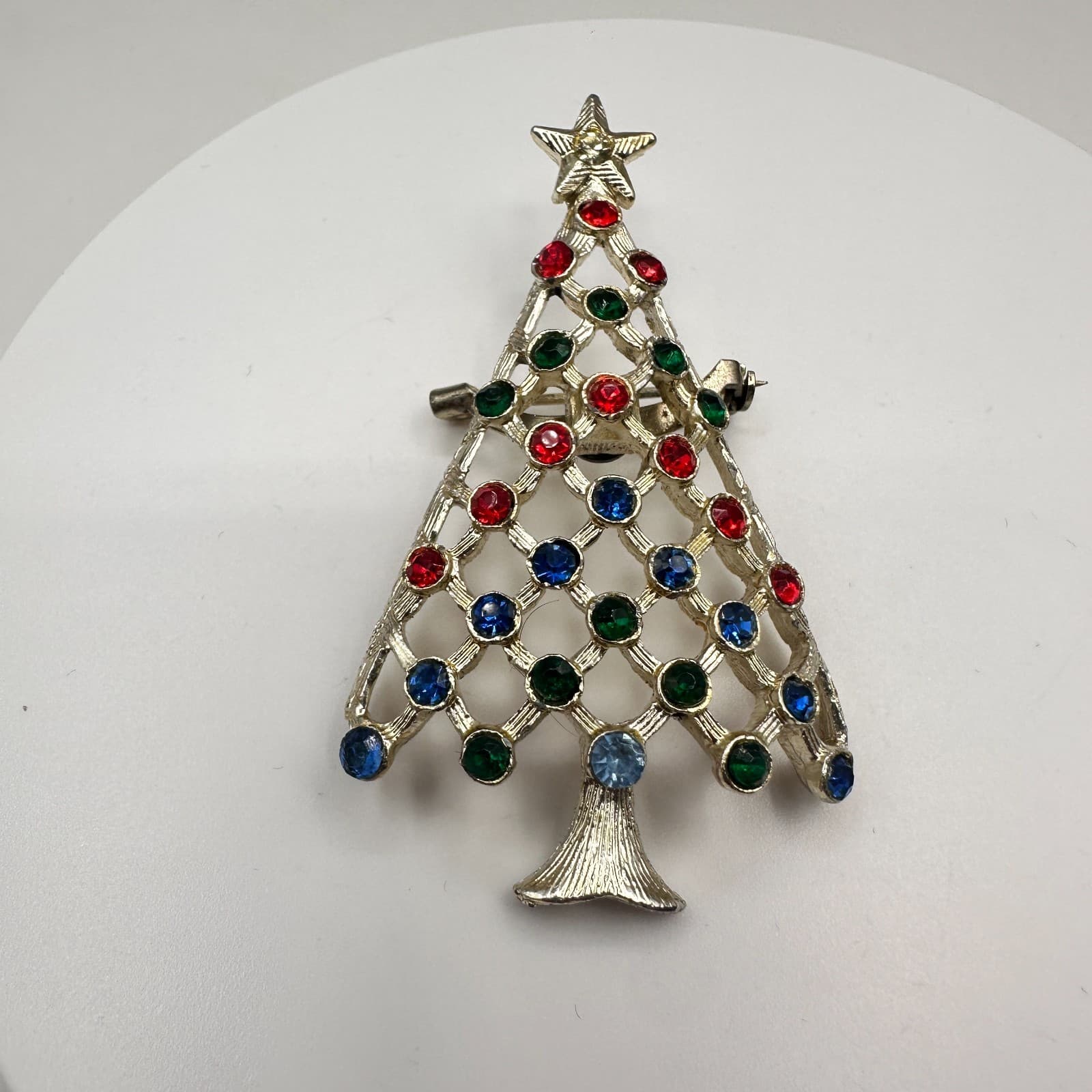 Vintage 90s Christmas Tree Holiday Brooch Pin Silver Tone Rhinestone Jewelry - Image 1