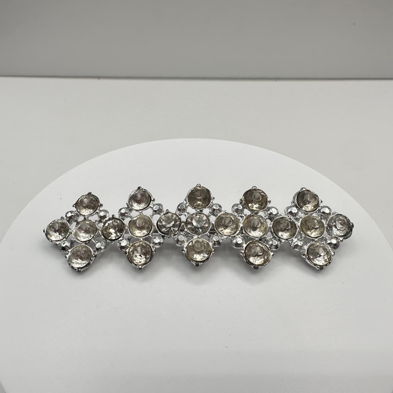 Vintage 90s Silver Tone Clear Rhinestone Geometric Brooch Pin Statement Jewelry - Image 1