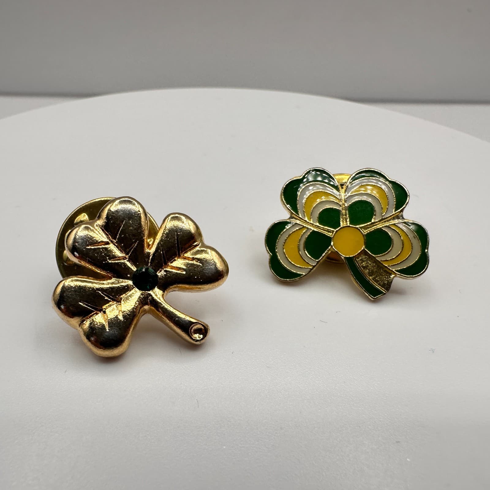 Vintage 90s Shamrock Lapel Pins Set Green Enamel Gold Tone Floral Rhinestone - Image 1