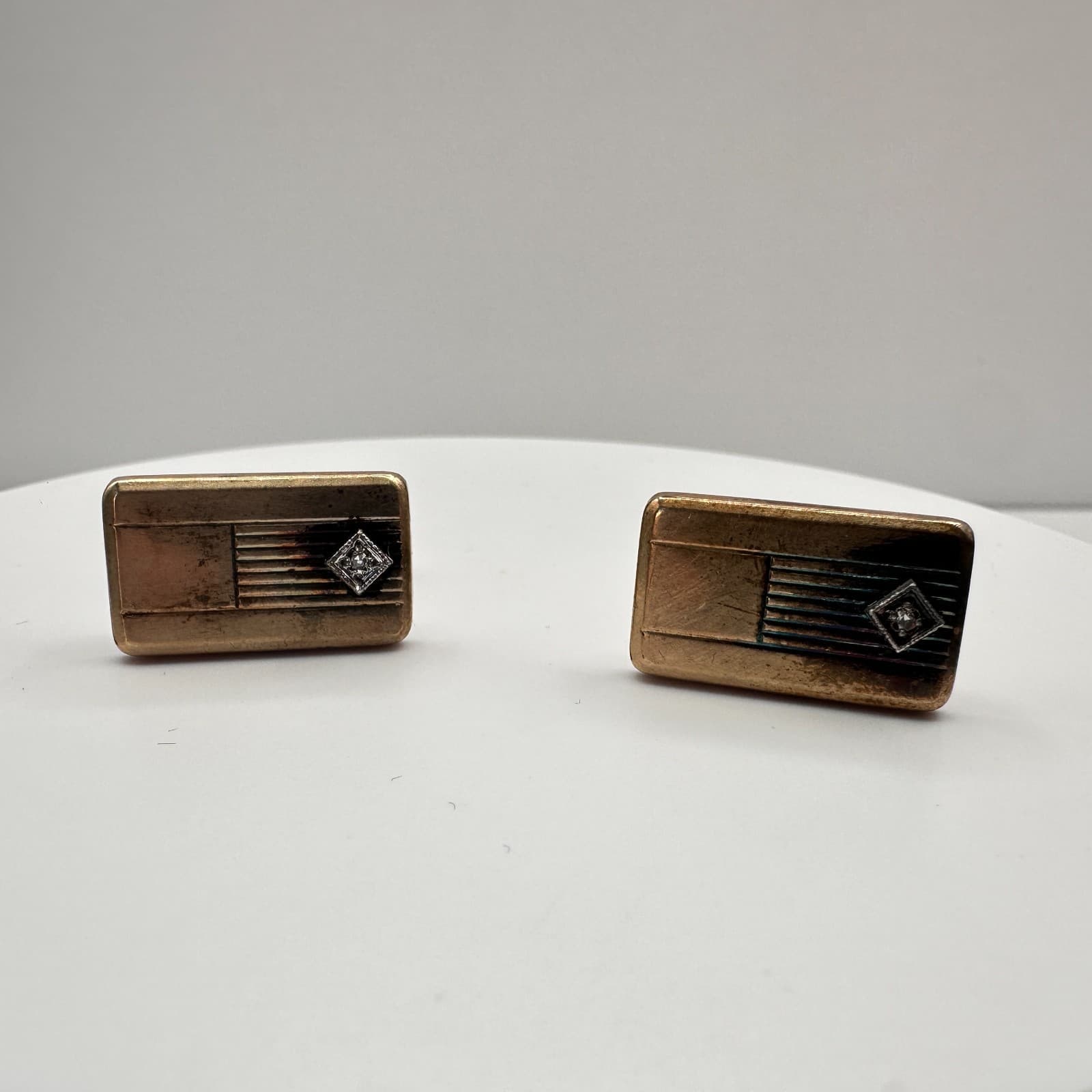 Vintage 80s 90s Gold Tone Rectangular Cufflinks Etched Stripe Clear Rhinestone - Image 1