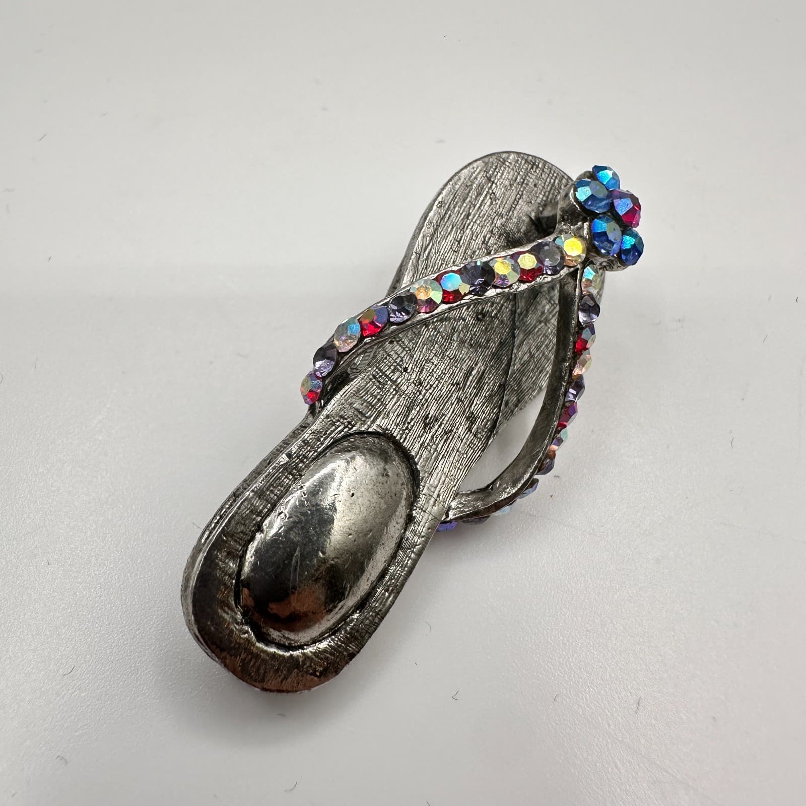 Vintage 90s Flip Flop Brooch Silver Tone Aurora Borealis Glass Sandal Pin - Image 1