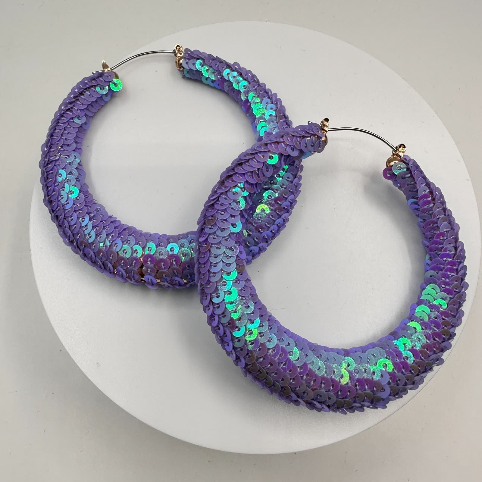 Vintage 90s Purple Iridescent Sequin Hoop Earrings Large Fashion Boho Statement - Image 1