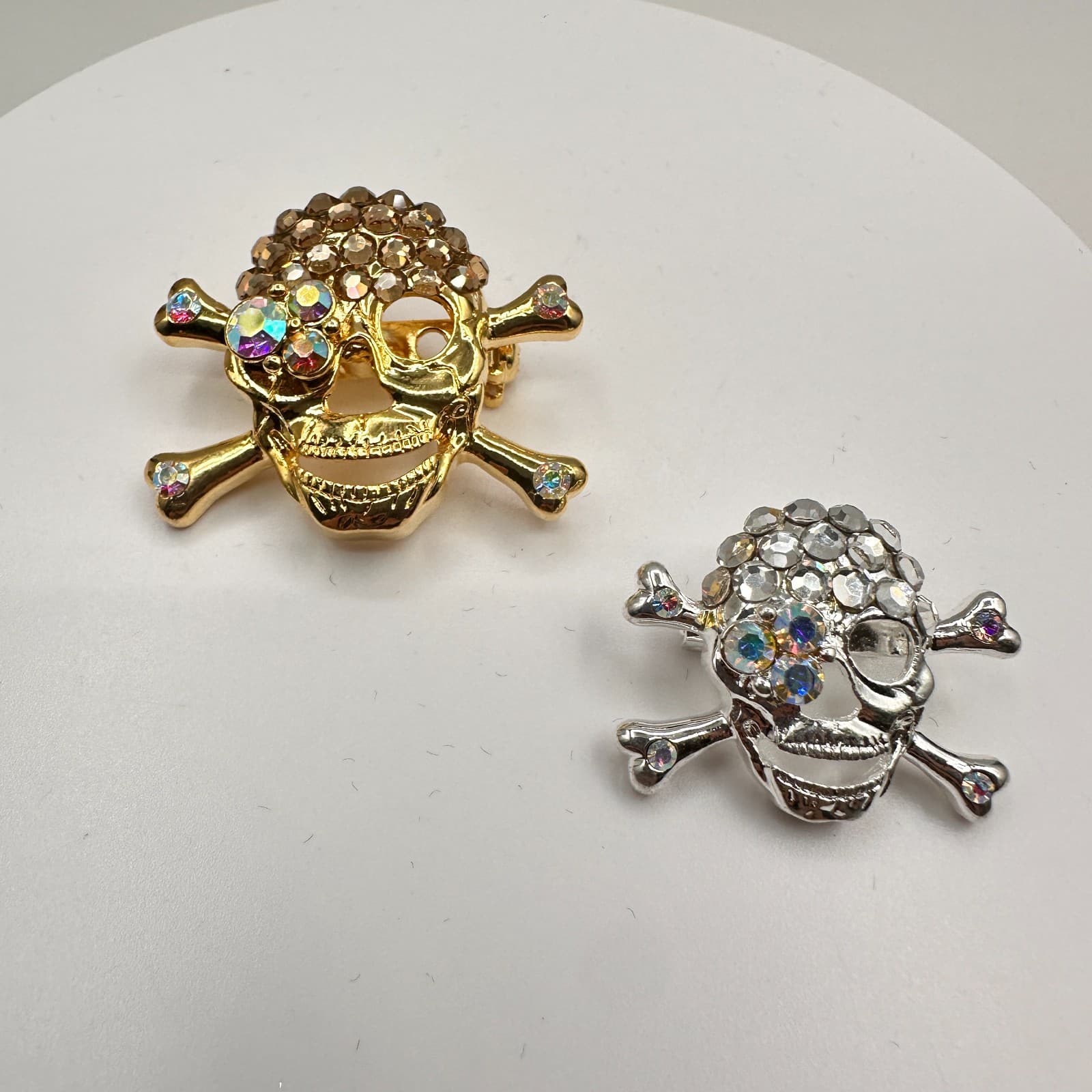 Vintage 90s Skull & Crossbones Brooch Set Gold & Silver Tone Glass Rhinestone - Image 1