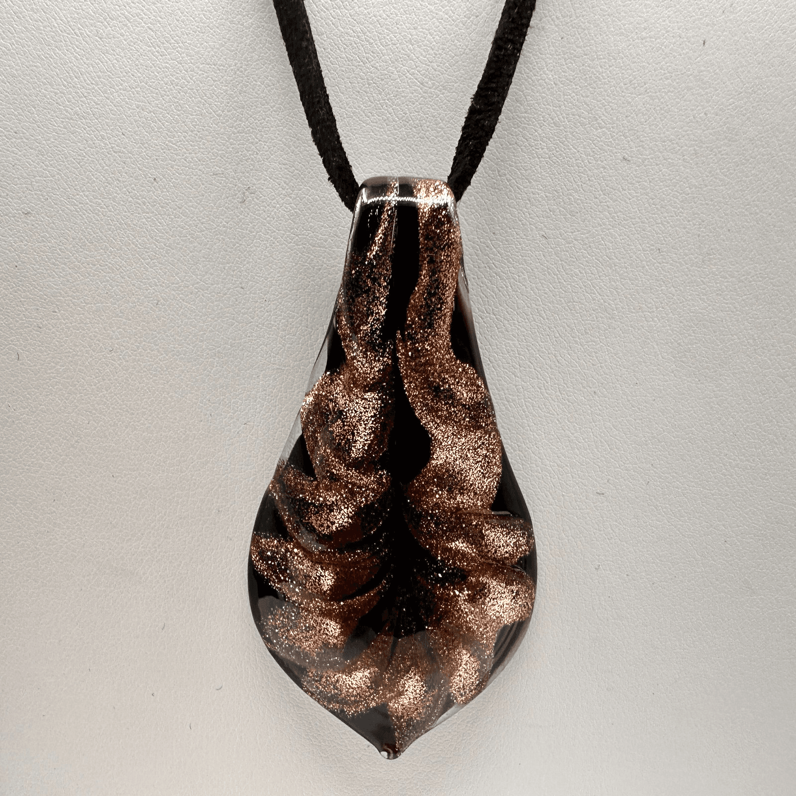 Vintage 90s Murano Style Art Glass Pendant Necklace Gold Tone Fleck Black Cord - Image 1