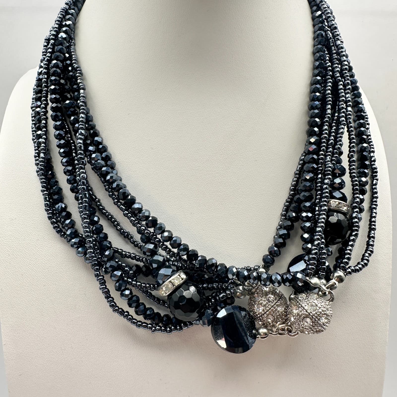 Vintage 80s 70s Multi-Strand Black Beaded Statement Necklace Boho Jewelry - Image 1