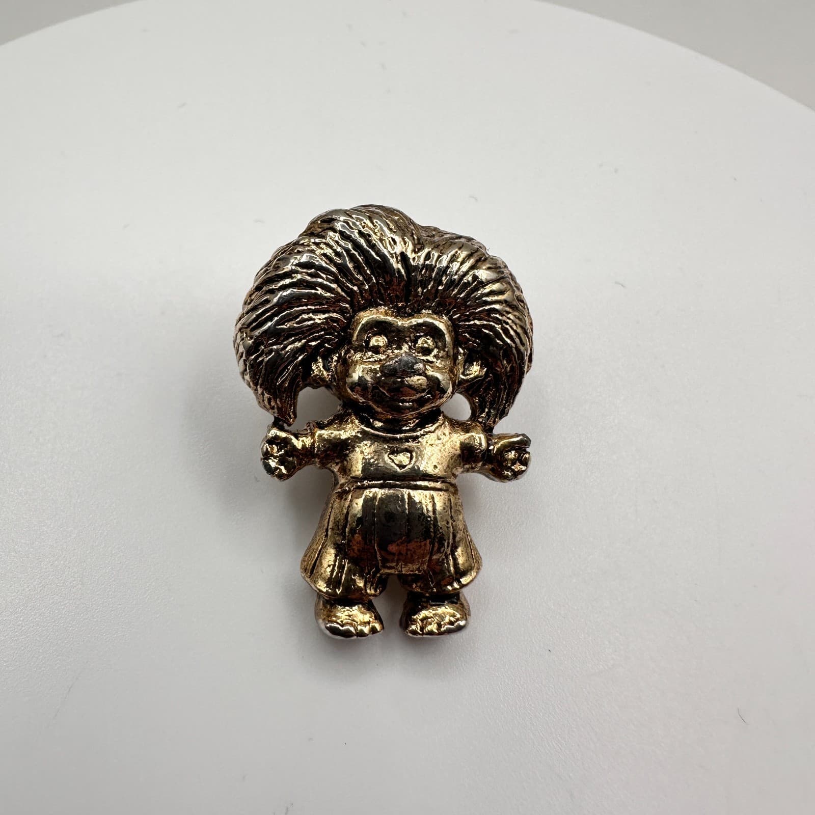 Vintage 70s Gold Tone Troll Doll Charm Pendant Pin Brooch Good Luck Gift Jewelry - Image 1