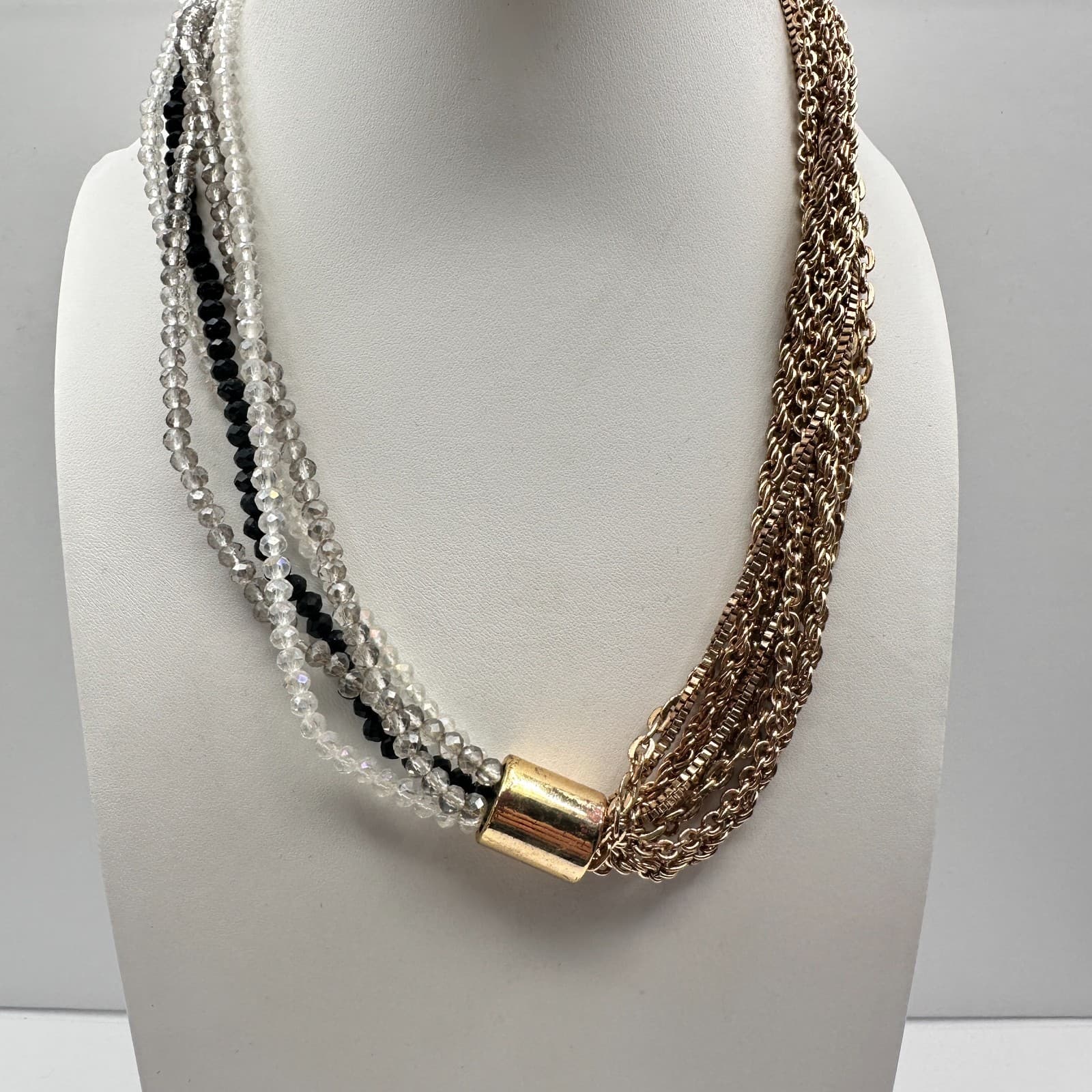 Vintage Y2K Collar Necklace Gold Tone Multi Strand Chain Crystal Beaded Jewelry - Image 1