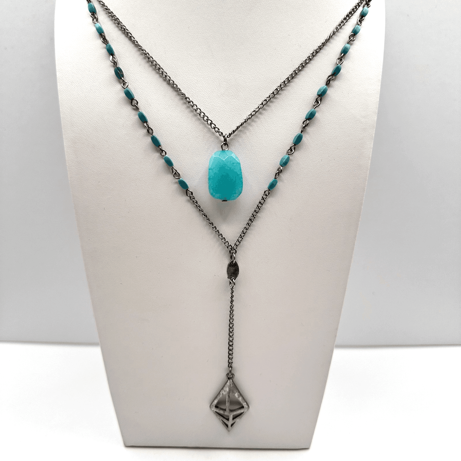 Vintage Y2K Multi Stand Necklace Silver Tone Faux Turquoise Blue Stone Jewelry - Image 1