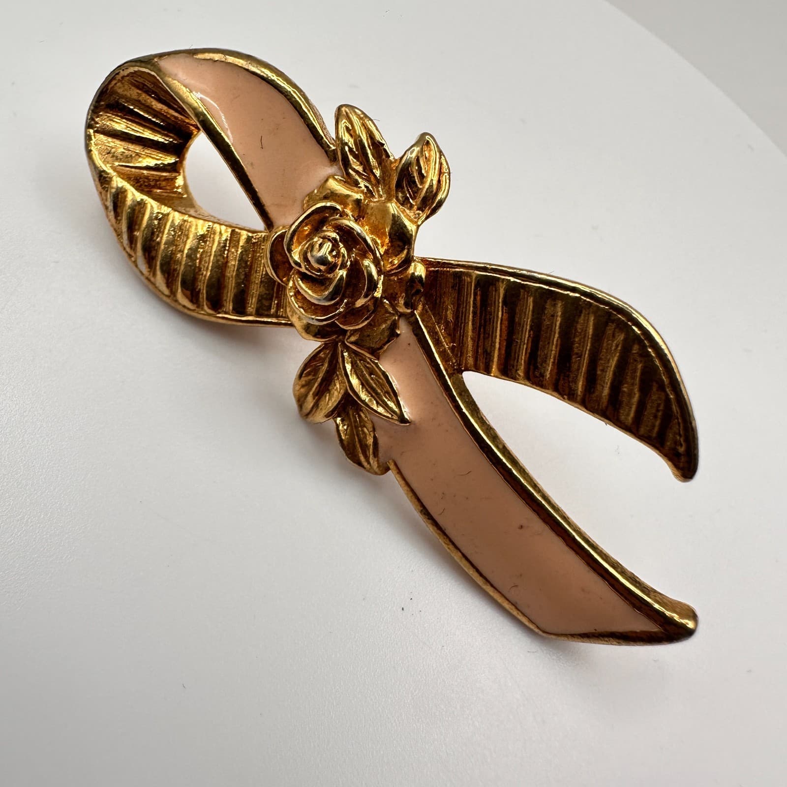 Vintage 90s Avon Pink Ribbon Floral Brooch Pin Gold Tone Breast Cancer Awareness - Image 1