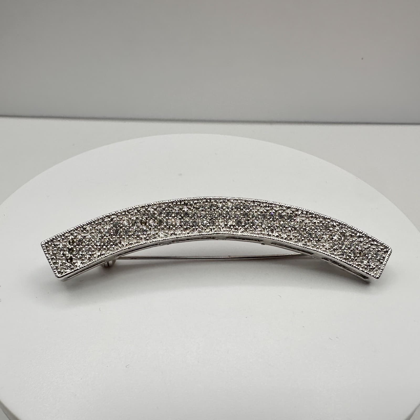 Vintage 90s Silver Tone Clear Rhinestone Curved Bar Brooch Pin Women's Jewelry - Image 1