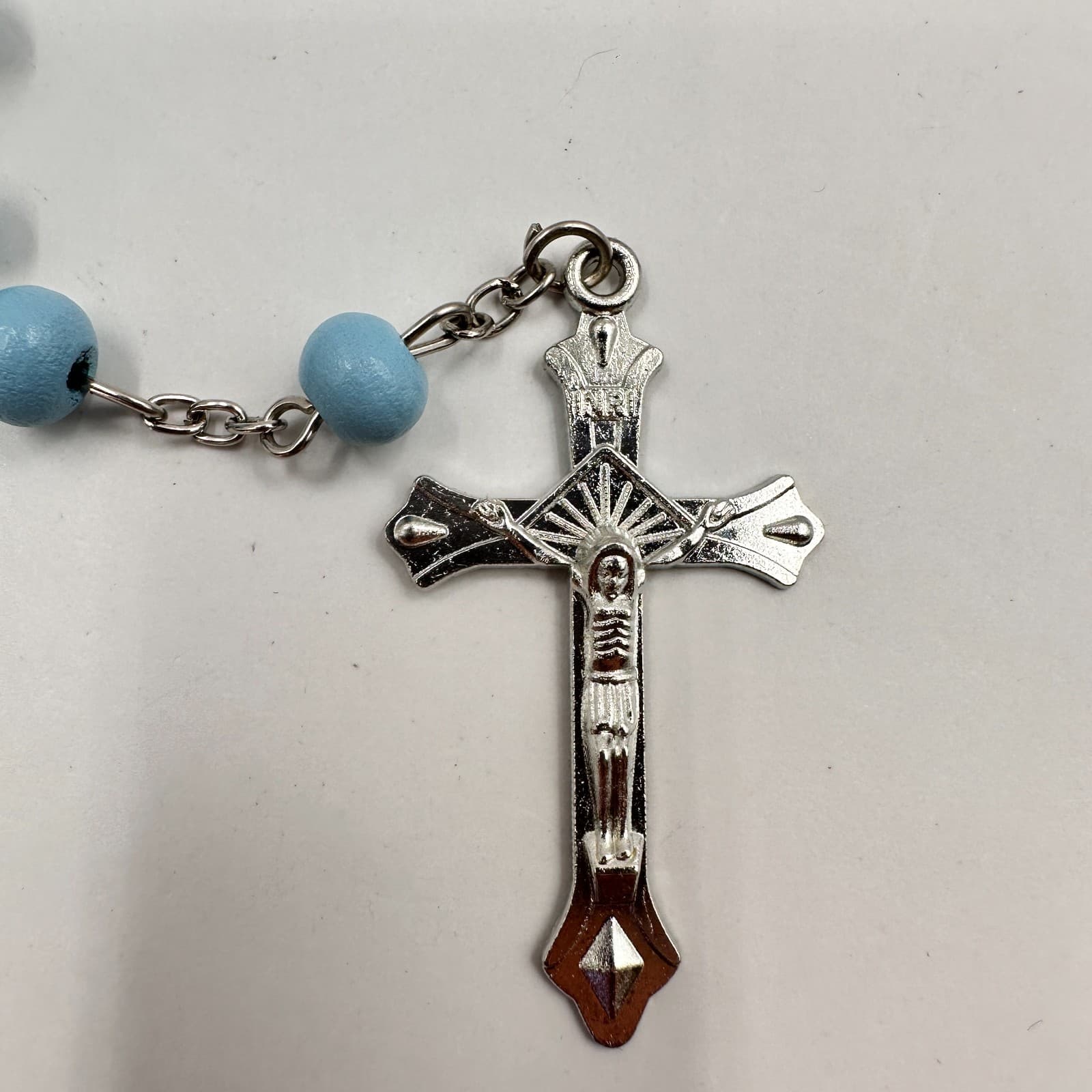 Vintage 90s Light Blue Beaded Crucifix Pendant Necklace Silver Tone Jewelry - Image 1