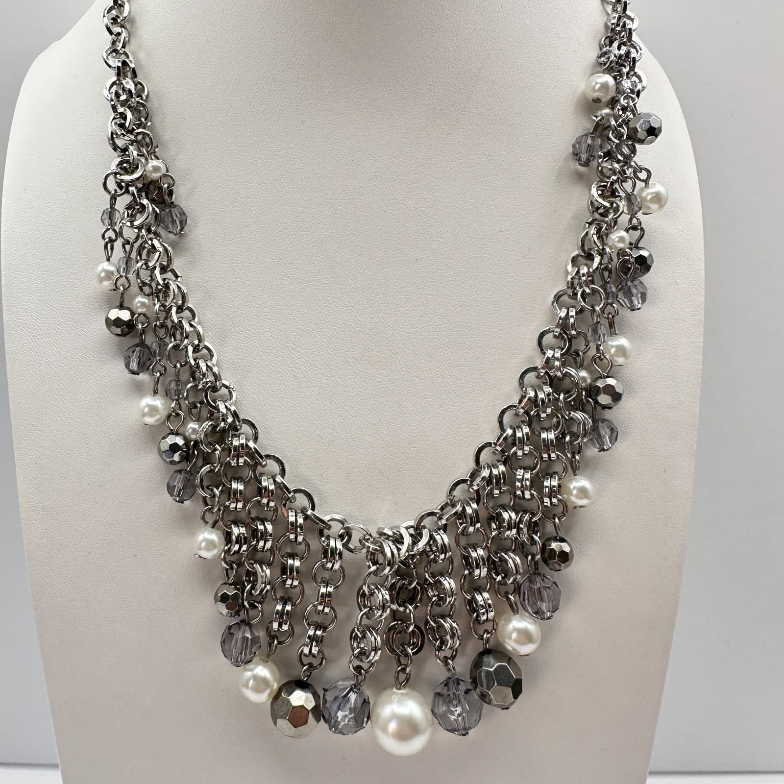 Vintage 90s Silver Tone Bib Necklace Faux Pearl Beaded Charm Women's Jewelry - Image 1