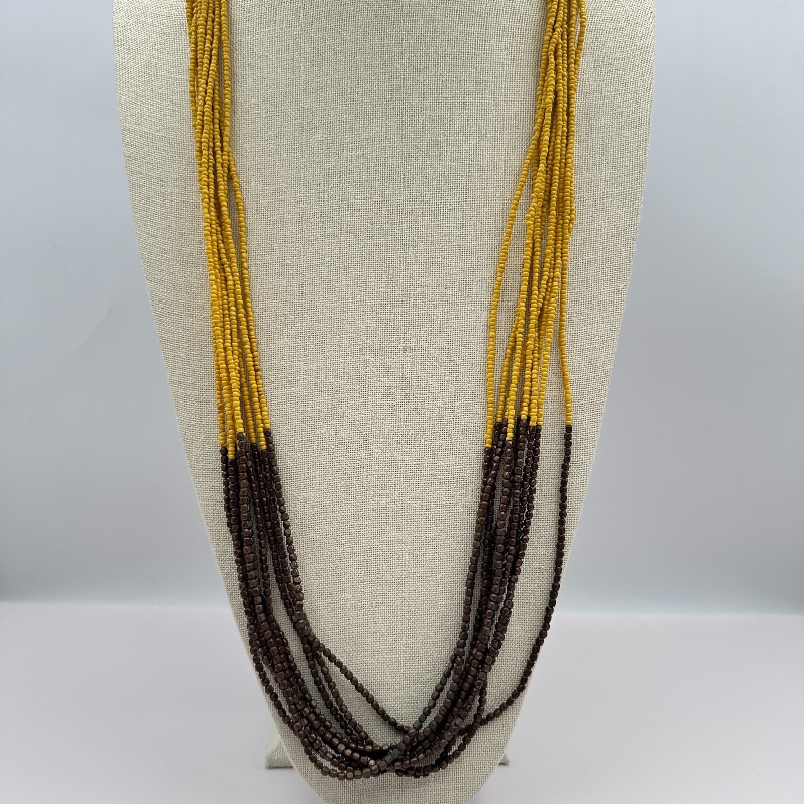 Vintage 90s Yellow & Brown Multi Strand Seed Beaded Necklace Women's Jewelry - Image 1