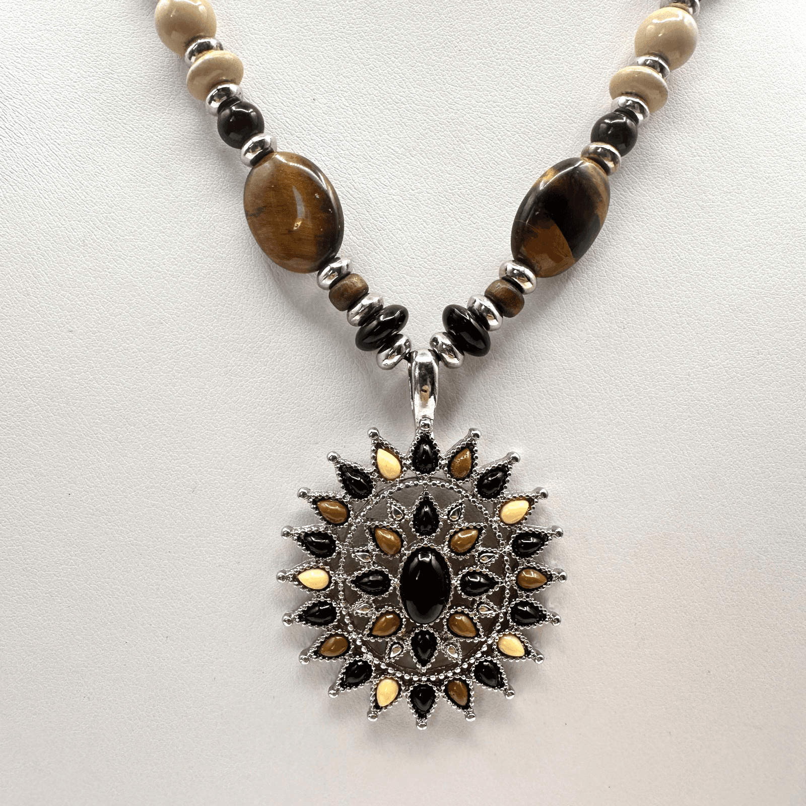 Vintage 90s Chaps Silver Tone Beaded Sunburst Pendant Necklace Women's Jewelry - Image 1