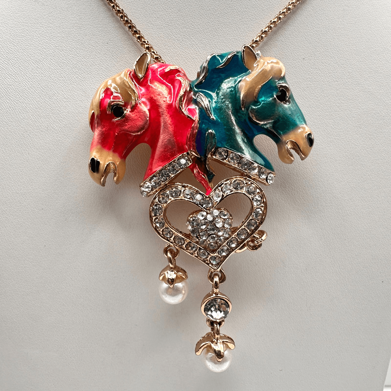 Vintage Y2k Betsy Johnson Rhinestone Pearl Horse Head Heart Pendant Necklace - Image 1