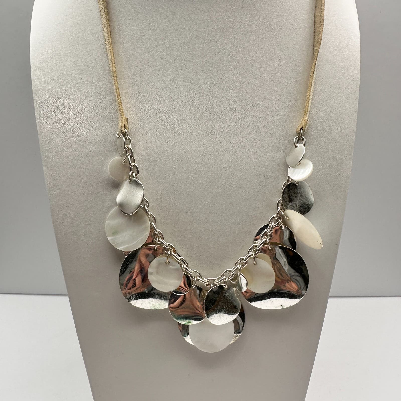 Vintage 90s Mother of Pearl Silver Tone Disc Bib Necklace Suede Cord Jewelry - Image 1