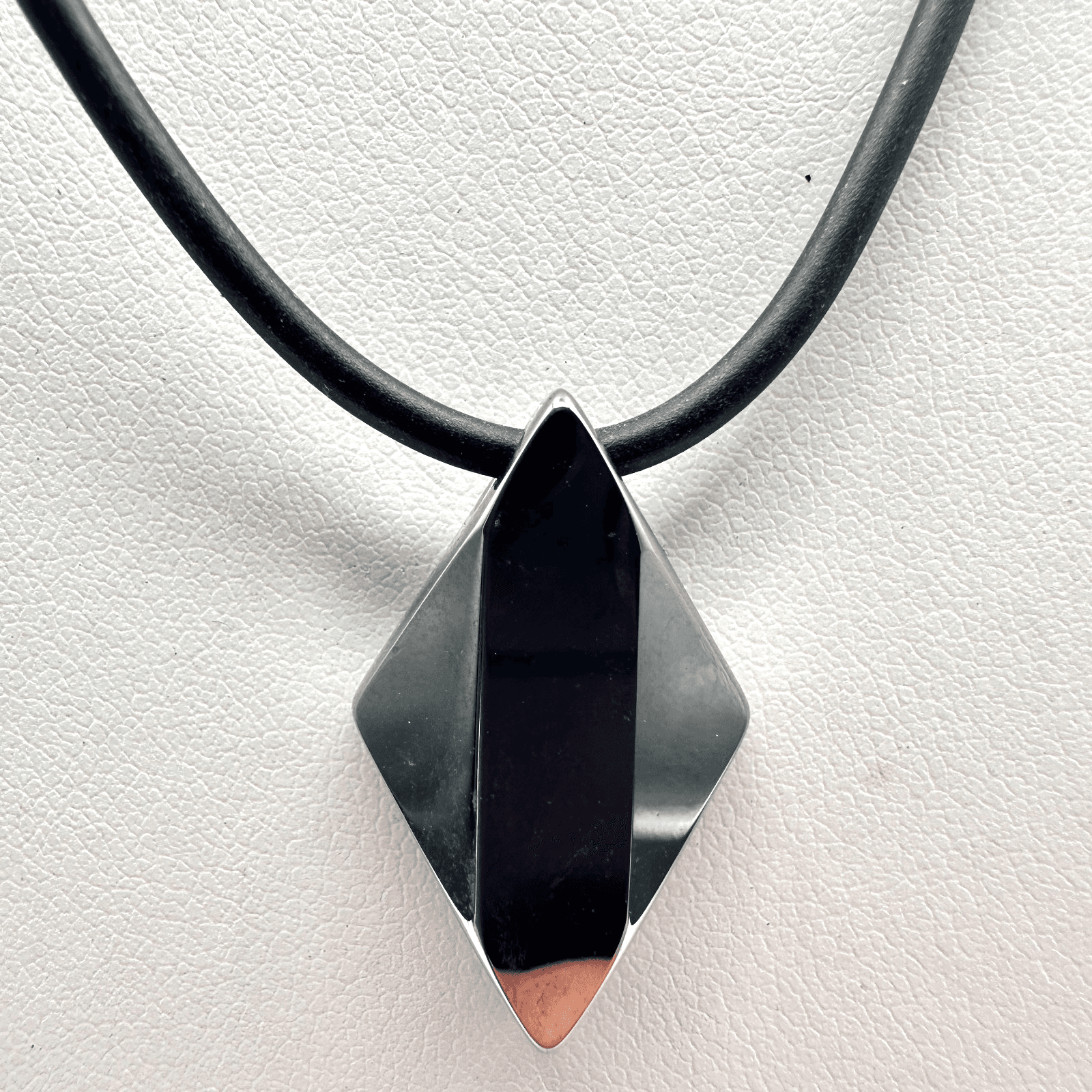 Vintage 90s Silver Geometric Diamond-shaped Rhombus Pendant Black Cord Necklace - Image 1