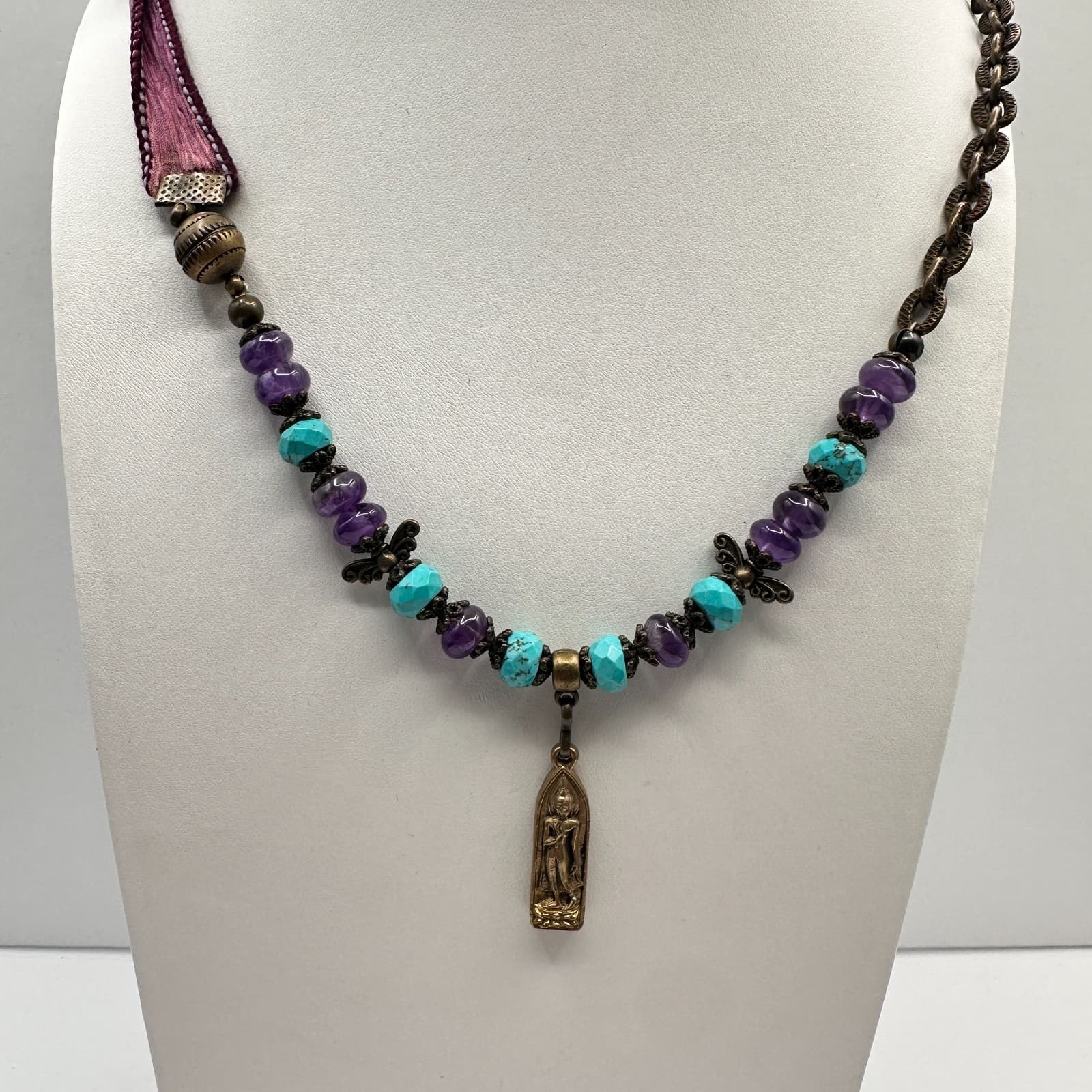 Vintage 90s Gold Tone Buddha Pendant Turquoise Glass Necklace Silk Bronze Tone - Image 1