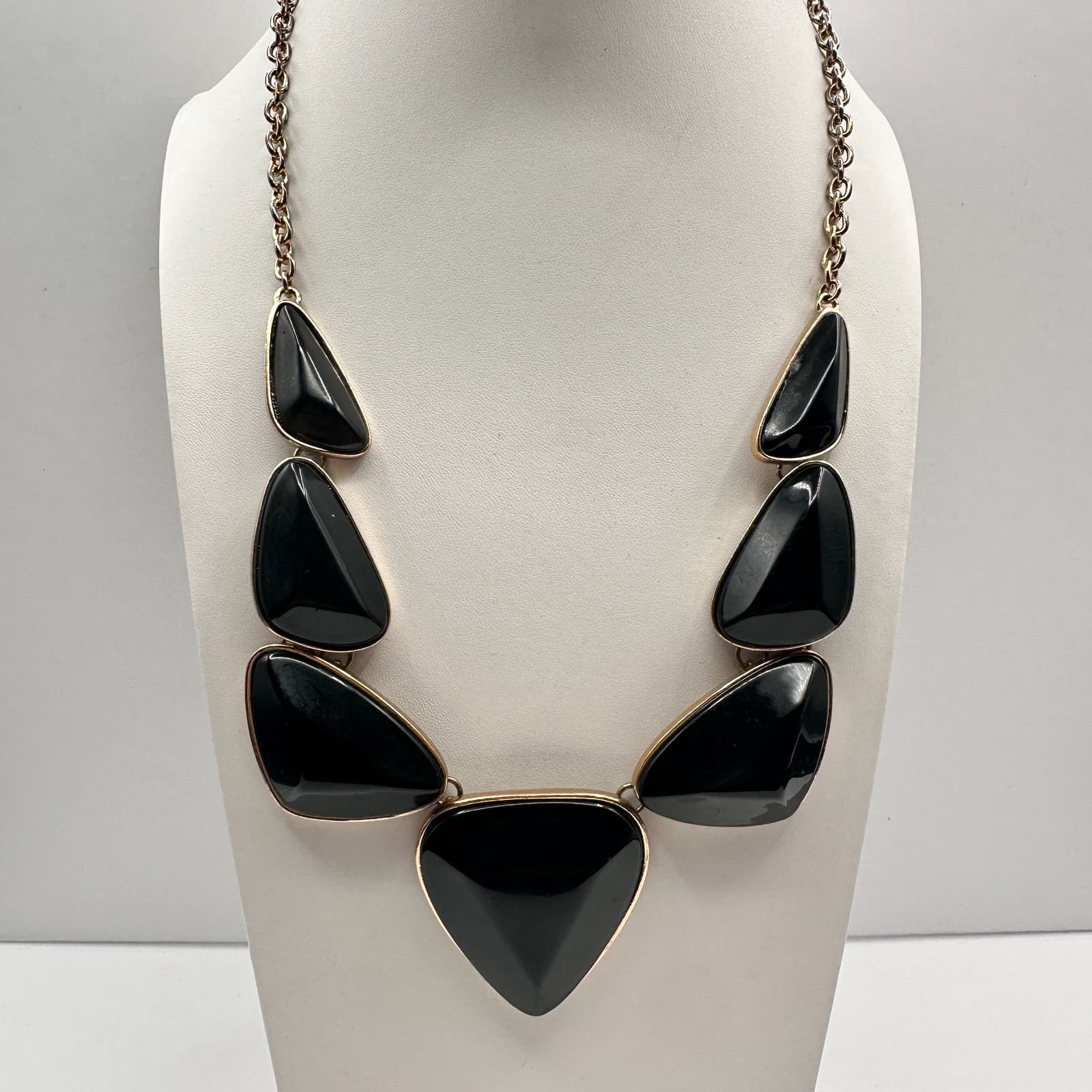 Vintage 90s Black Onyx Style Statement Necklace Gold Tone Geometric Jewelry - Image 1