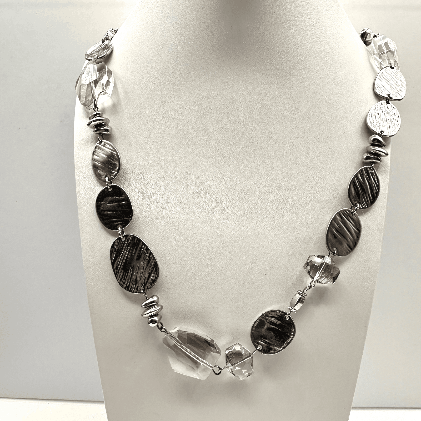 Vintage 90s Silver Tone Textured Disk Clear Glass Beaded Statement Necklace - Image 1