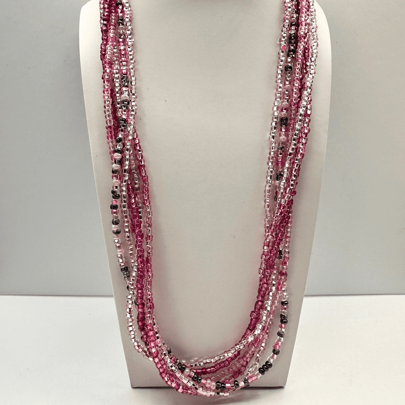 Vintage Y2K Multi Strand Pink Seed Beads Layered Necklace Silver toned Jewelry - Image 1