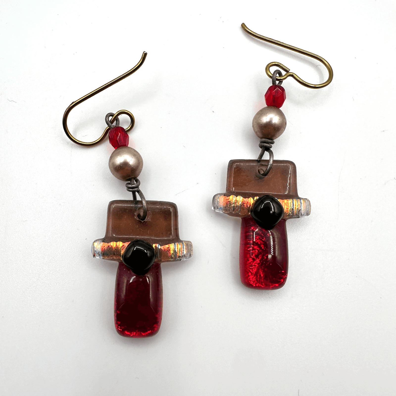 Vintage 90s Fused Dichroic Glass Geometric Drop Dangle Earrings Artisan Jewelry - Image 1