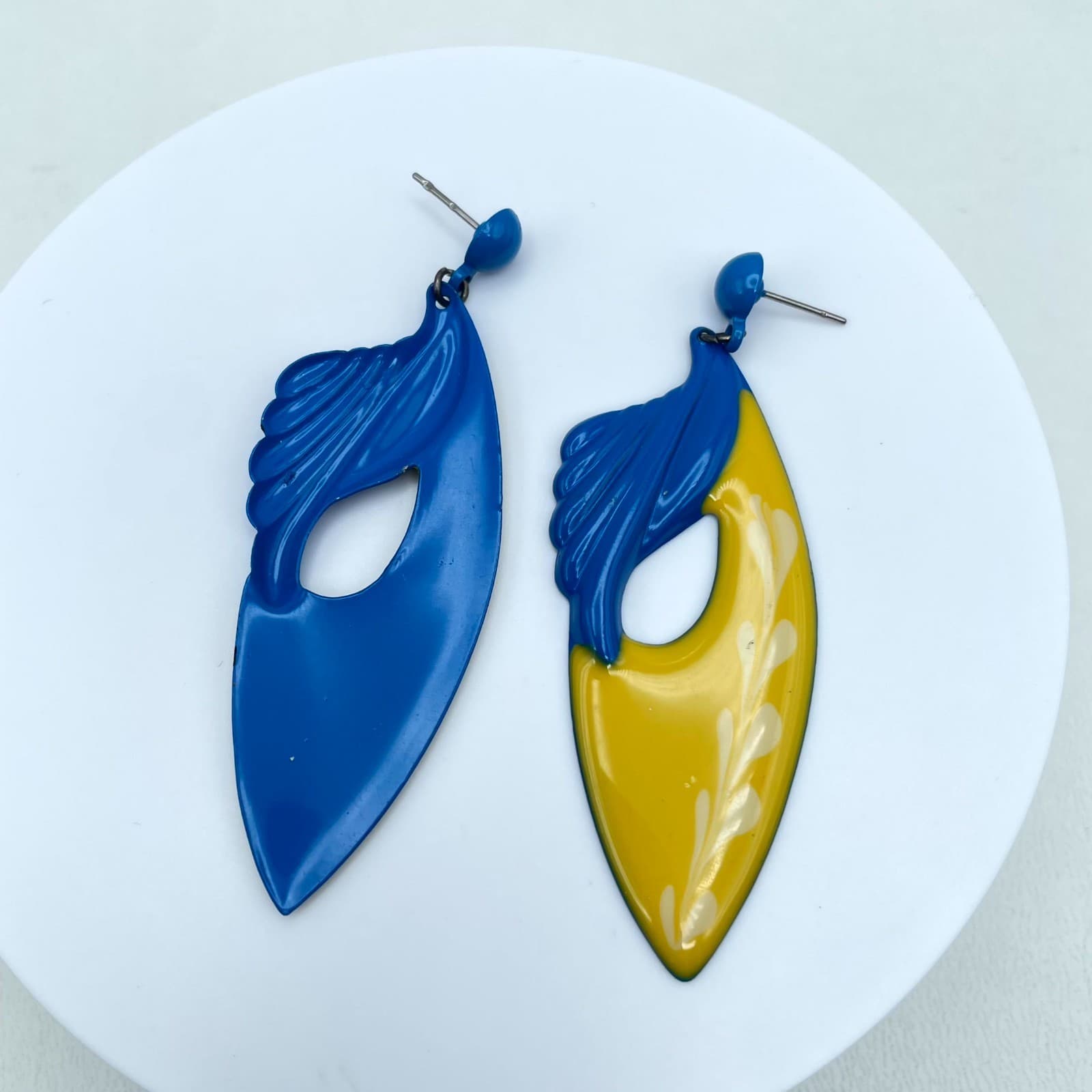 Vintage Blue Yellow Enamel Dangle Drop Earrings Abstract Art Deco Style - Image 1