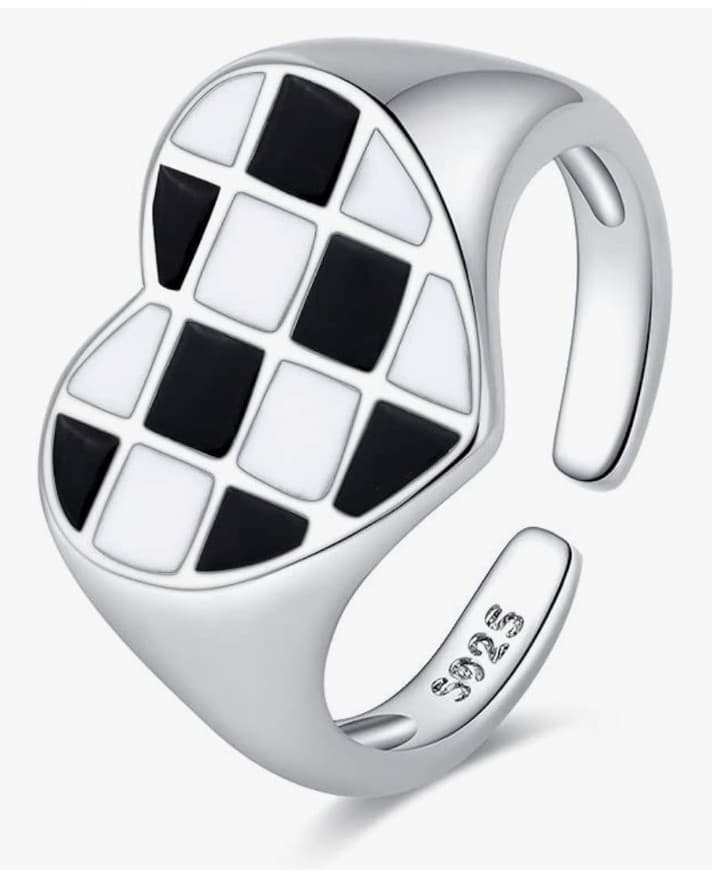 Sterling silver Love Heart Ring Black& White Checkered Enamel Heart Adjustable - Image 1