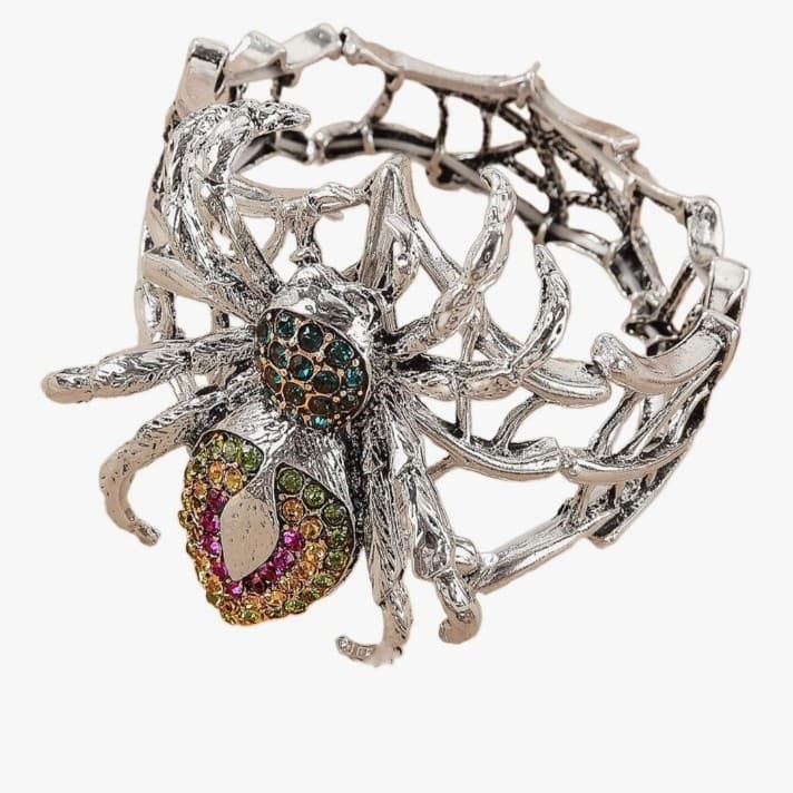 Gothic Rhinestone Spider Web Statement Bracelet – Ornate Silver-Tone Halloween - Image 1