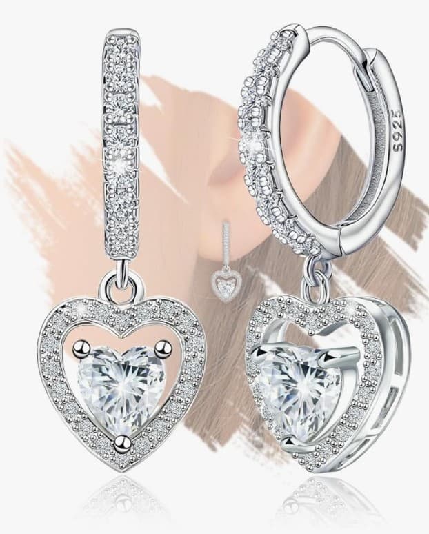 Elegant Sterling Silver Heart dangle Hoop Earrings - Image 1