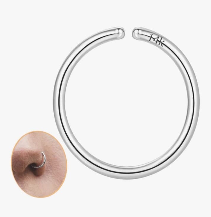 14K white Gold Nose Ring Hoop for Women & Men, 7mm Tiny Gold Nose Ring Hoop - Image 1