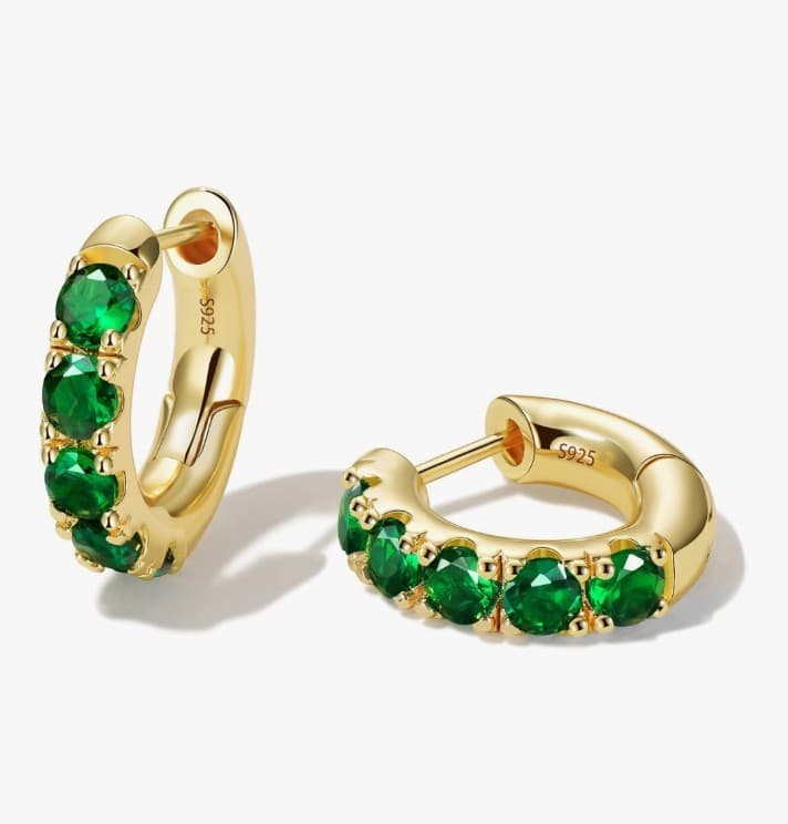 14k Gold Plated Small Gold Emerald Hoop Earrings w/ Sterling Silver Posts . - Image 1
