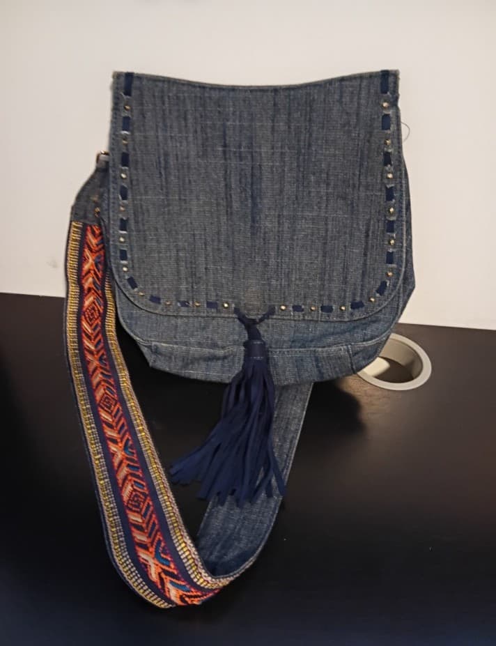 Navy Denim Crossbody Bag with Tassel With Guitar Strap - Image 1