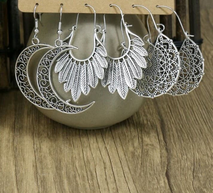 Boho style Silver Crescent and Leaf Earrings - Image 1