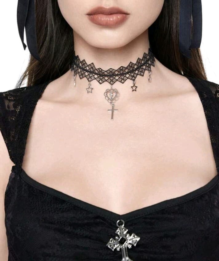 Hot topic Gothic Black Lace Choker Necklace with Cross Pendant - Image 1