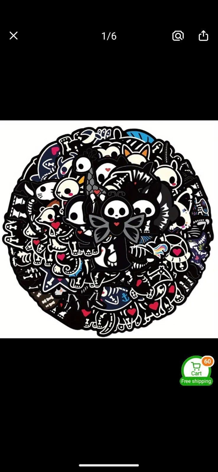Black and White Cartoon Cat Faces with Skeletons 12 Pack Of Stickers - Image 1
