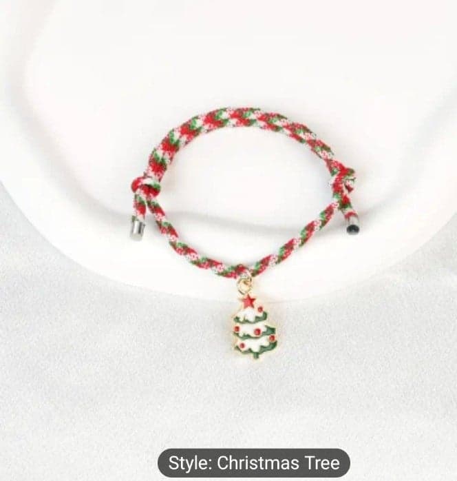 Adjustable Christmas Bracelet with Santa & Tree Charms - Handwoven Cotton Rope, - Image 1