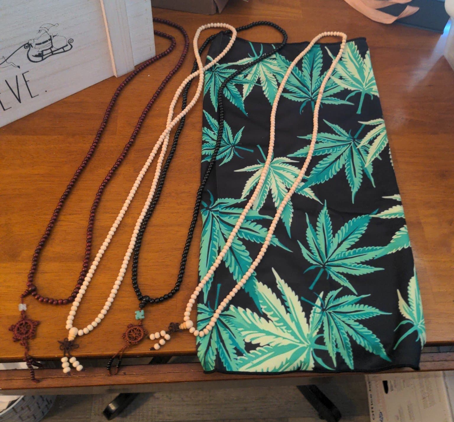 Marijuana leaf multi use scarf/bandana and 4 sets of beaded necklaces - Image 1
