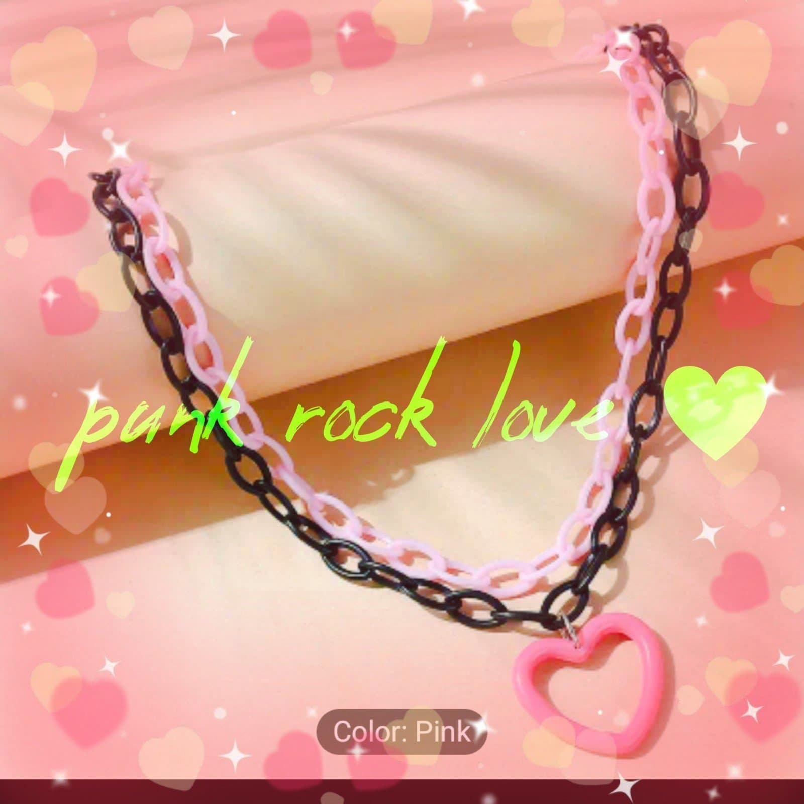 Pink And Black Chunky Chain Necklace Hollow Heart Decor Pendant Necklace Y2k - Image 1