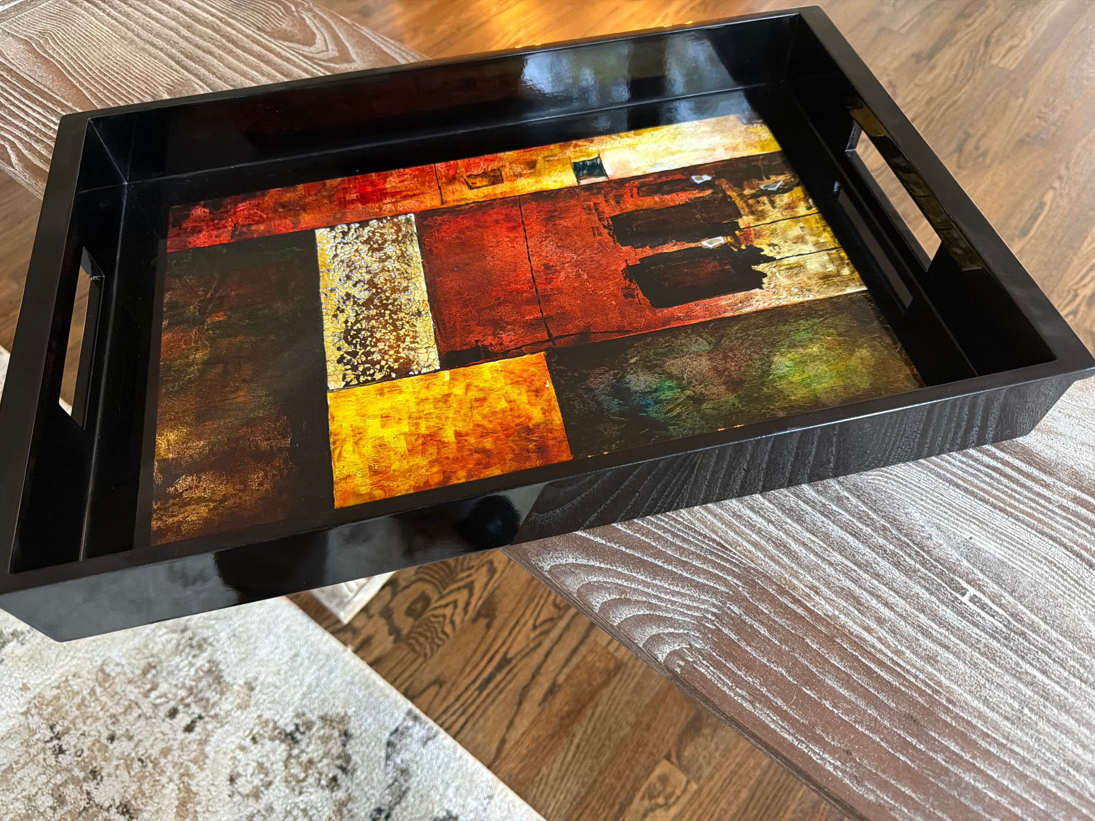Decorative Black Serving Tray with Colorful Abstract Design - Image 1